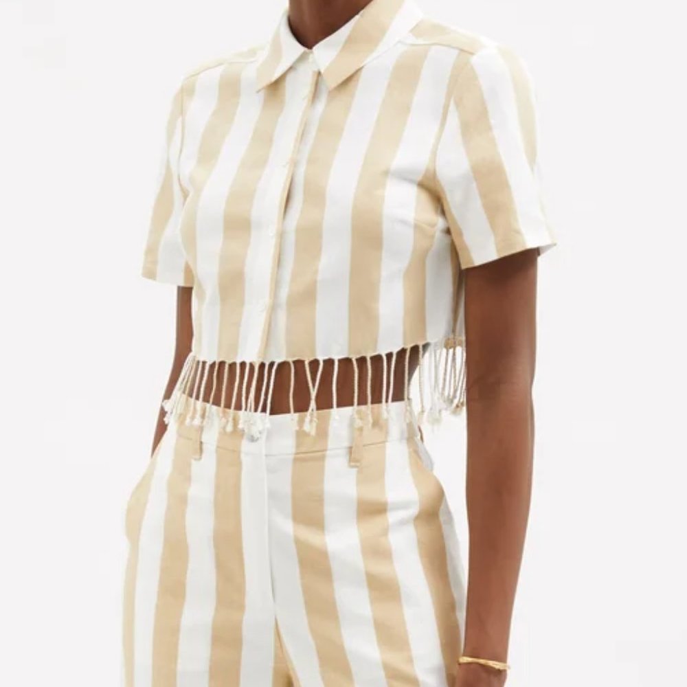 Staud Sands Fringed Cropped Cotton Linen Twill Shirt Pants Set Beige Striped XS